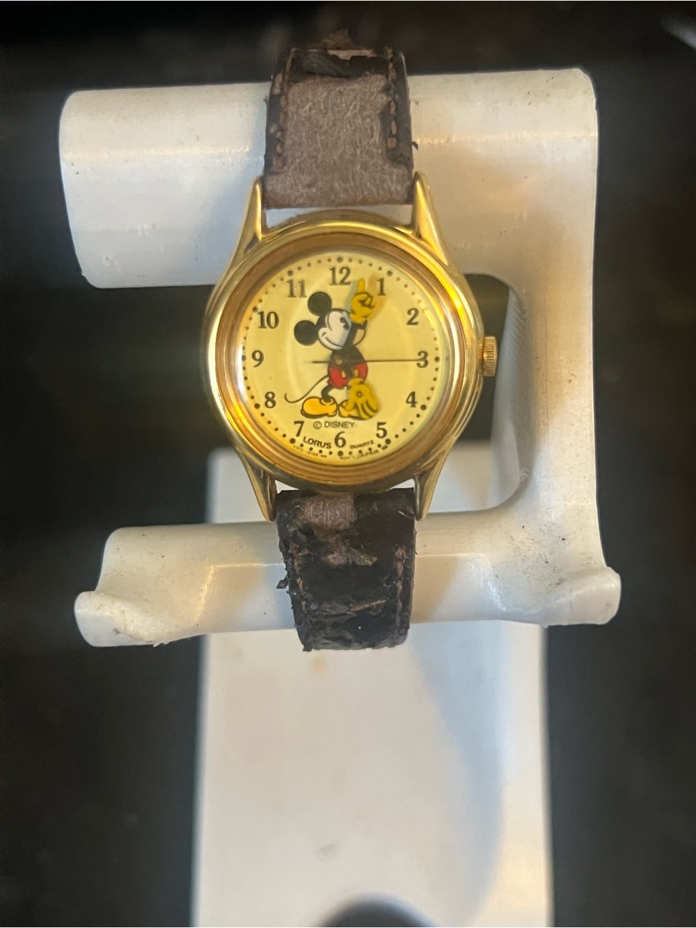 Rare Vintage Disney Lorus Mickey Mouse Gold Tone Watch Black Strap